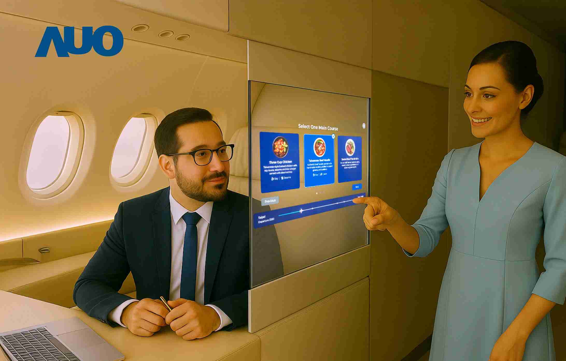 冰球突破研发全球最薄17.3 吋双面透明 Micro LED 显示器，，，可在同一屏幕之双边投射不同信息，，，创造独特的”透明化”互动；图为实时翻译交流应用情境